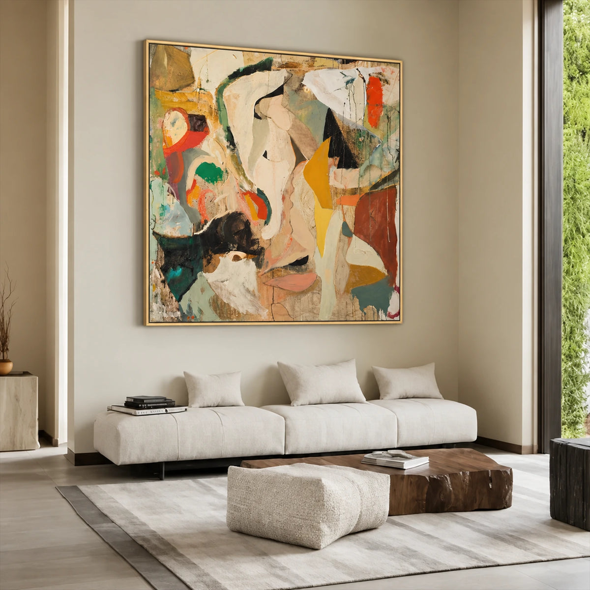 Ochre Fragments painting above a cream sofa and pale ottoman.