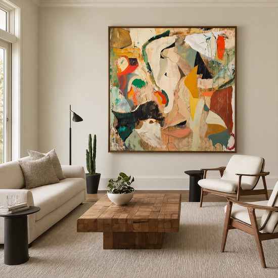 Ochre Fragments painting above a pale sofa beside a wooden lounge chair.