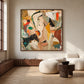 Ochre Fragments painting above curved cream seating in a bright room.