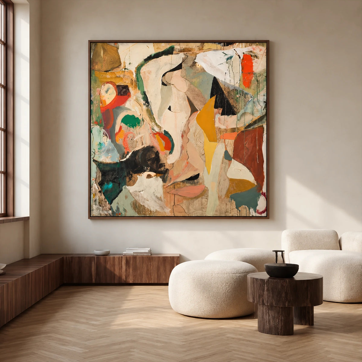 Ochre Fragments painting above curved cream seating in a bright room.