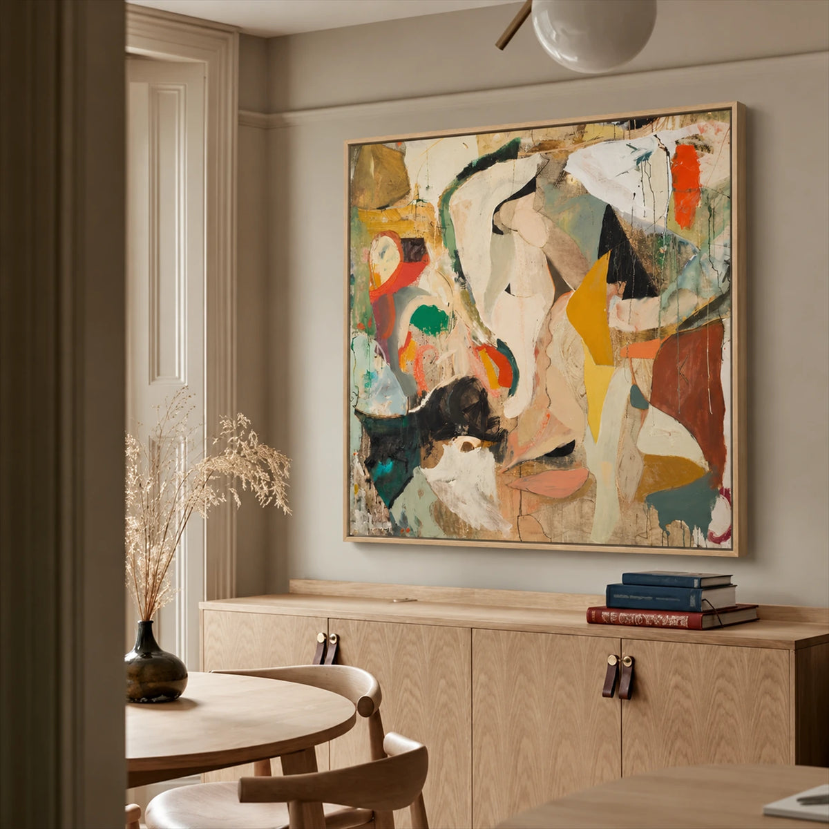 Ochre Fragments painting above a wooden sideboard beside a dining table.