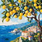 Bright yellow lemons hang among dark green leaves above a blue coastal bay. Full artwork without a frame.