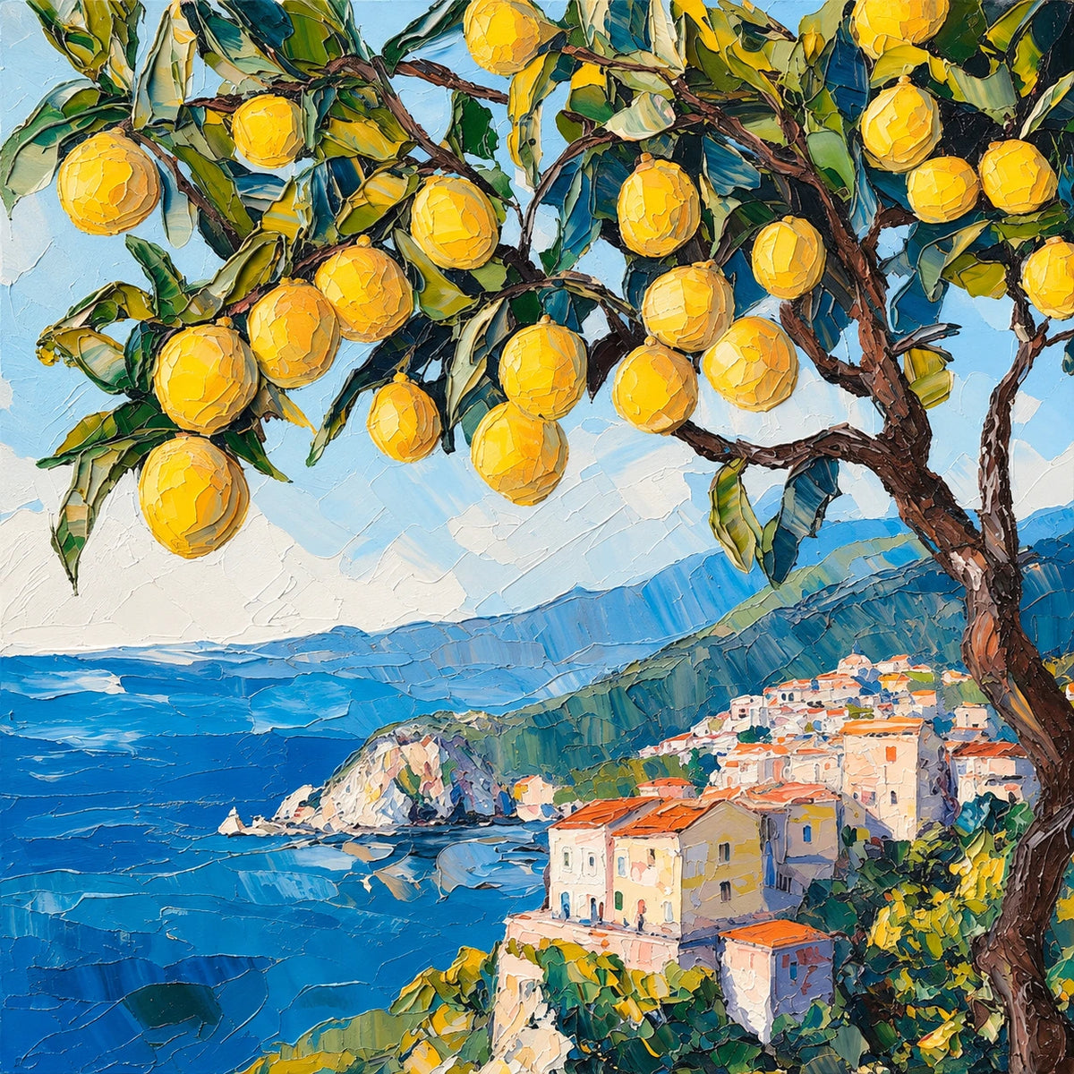 Bright yellow lemons hang among dark green leaves above a blue coastal bay. Full artwork without a frame.