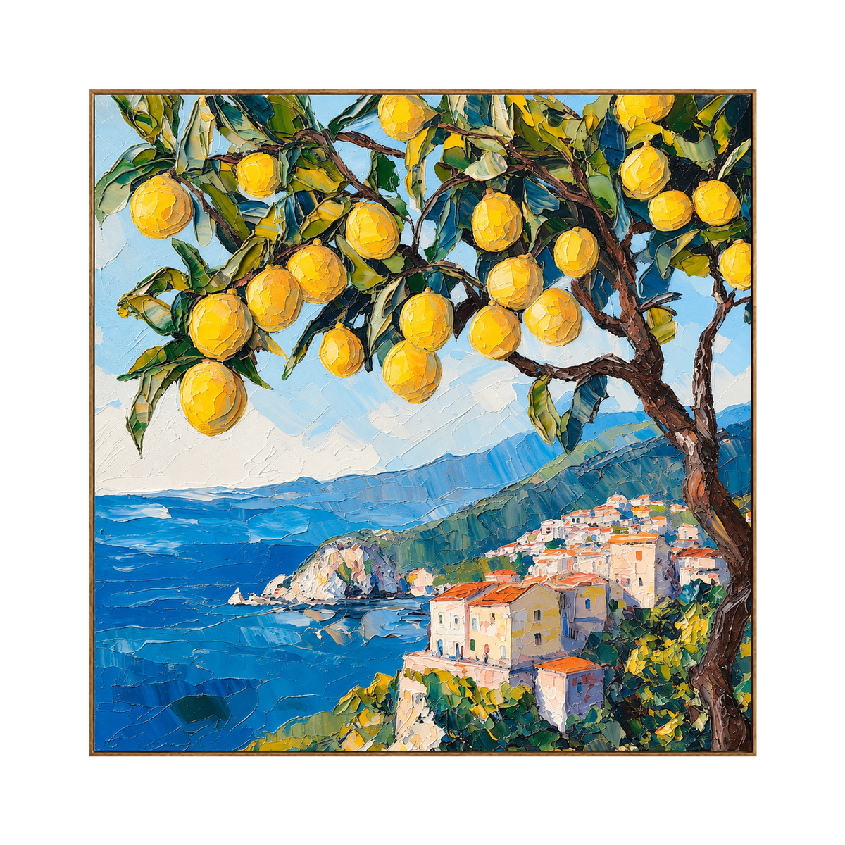 Lemon Coast square artwork in a natural wood frame on a transparent background.