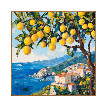 Lemon Coast square artwork in a natural wood frame on a transparent background.