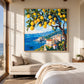 Lemon Coast painting above pale seating in a bright bedroom.