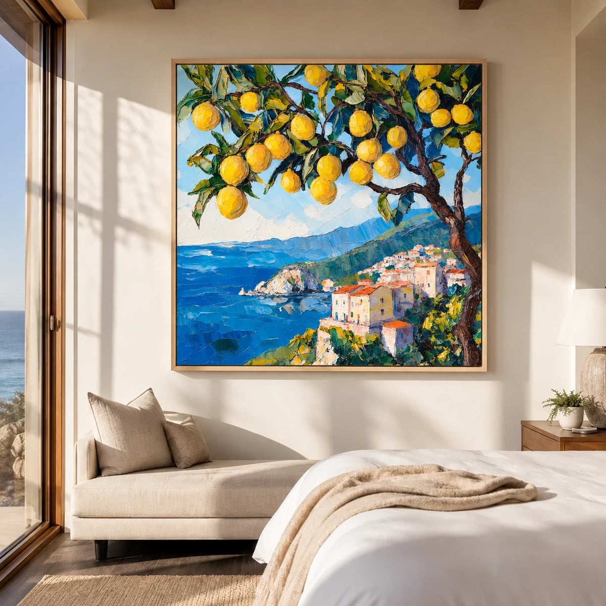 Lemon Coast painting above pale seating in a bright bedroom.
