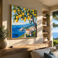 Lemon Coast painting above a long wooden console in a warm living room.