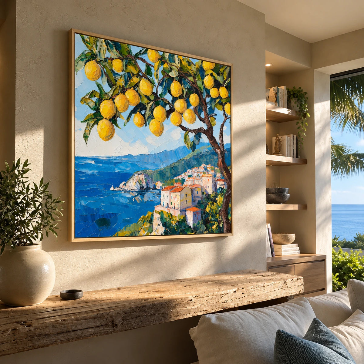 Lemon Coast painting above a long wooden console in a warm living room.