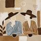 Two companions in broad brown hats sit together over dark cups, their striped shirts bringing a gentle rhythm to the scene. Full artwork without a frame.
