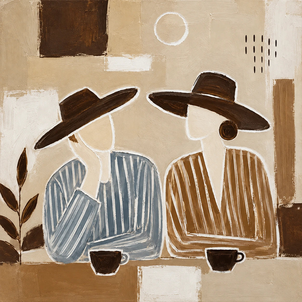 Two companions in broad brown hats sit together over dark cups, their striped shirts bringing a gentle rhythm to the scene. Full artwork without a frame.