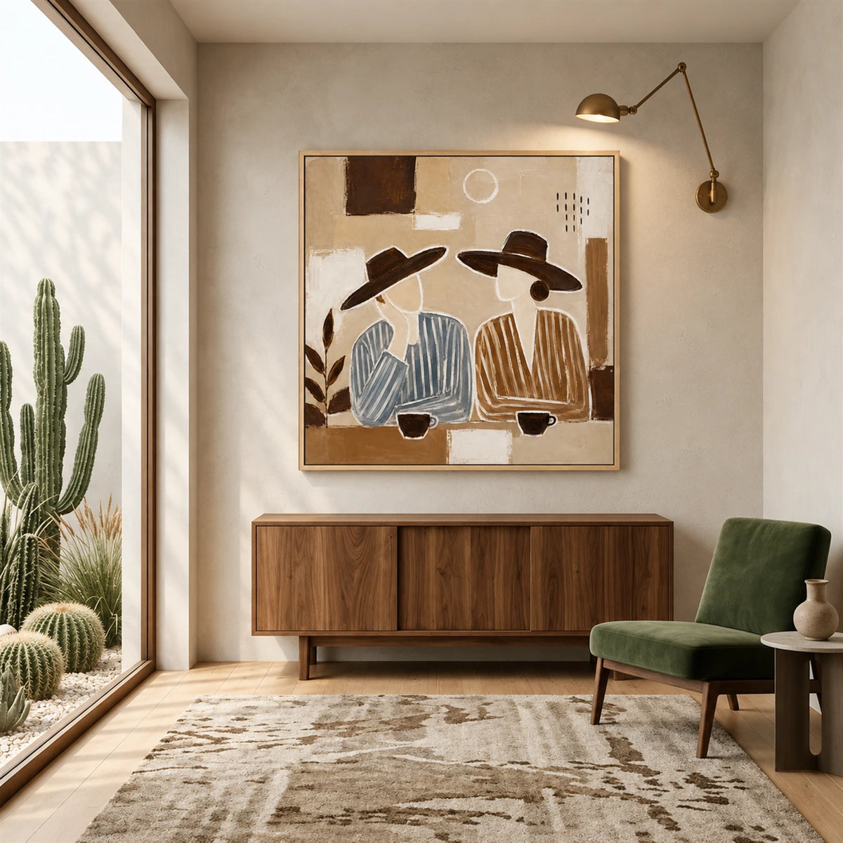 Coffee Companions painting above a wooden sideboard beside a green chair and a cactus-filled window.