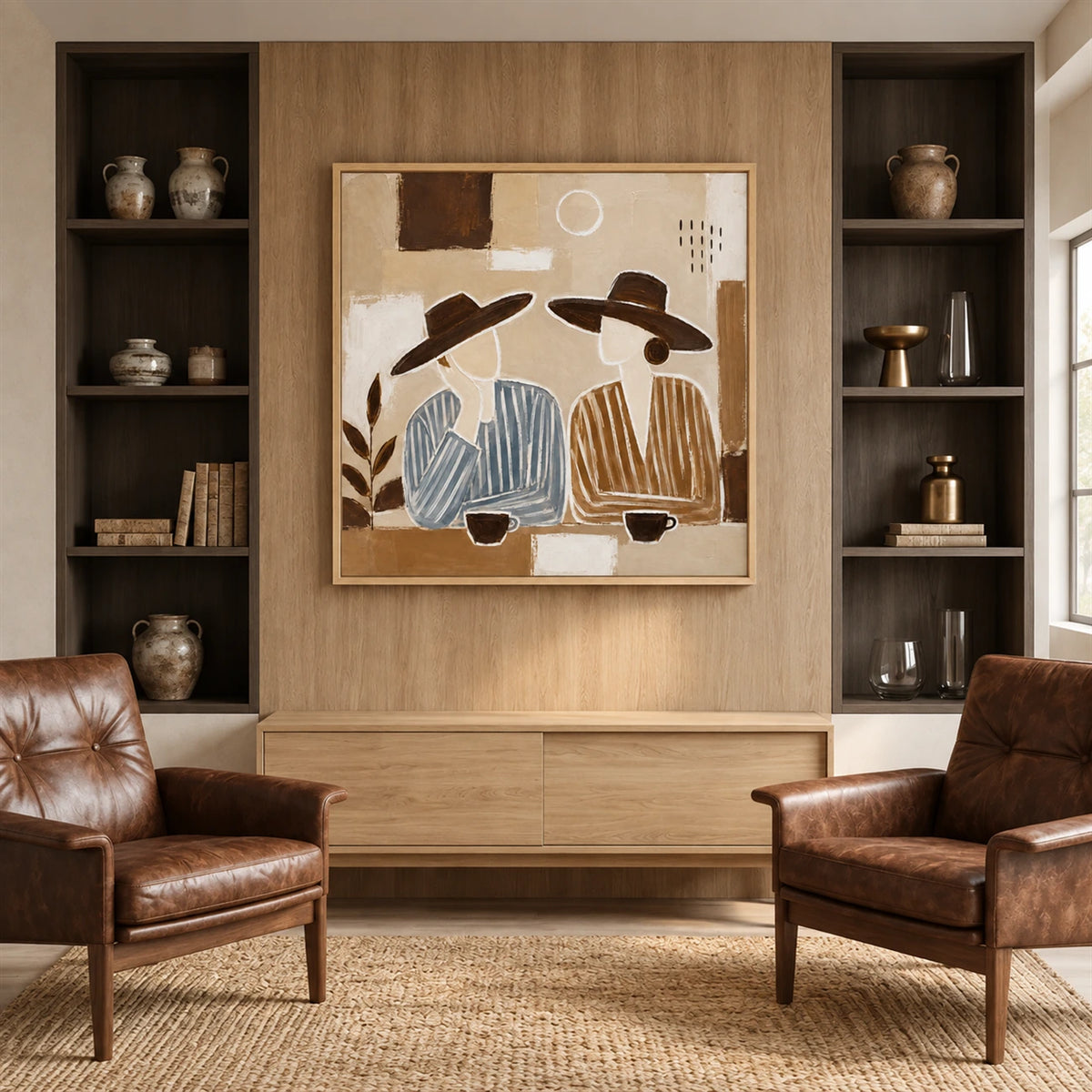 Coffee Companions painting between built-in shelves above wooden cabinetry and leather chairs.