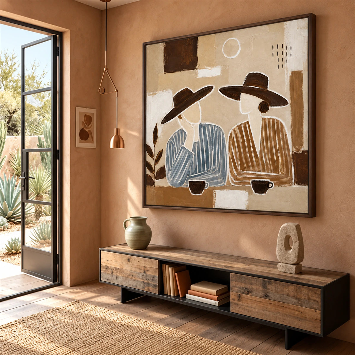 Coffee Companions painting above a low wooden console in a warm terracotta-toned room.