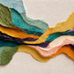 Bands of teal, olive, ochre and plum flow toward a narrow central opening, with pale pink and ivory passages bringing light between the darker layers. Full 2:1 artwork without a frame.