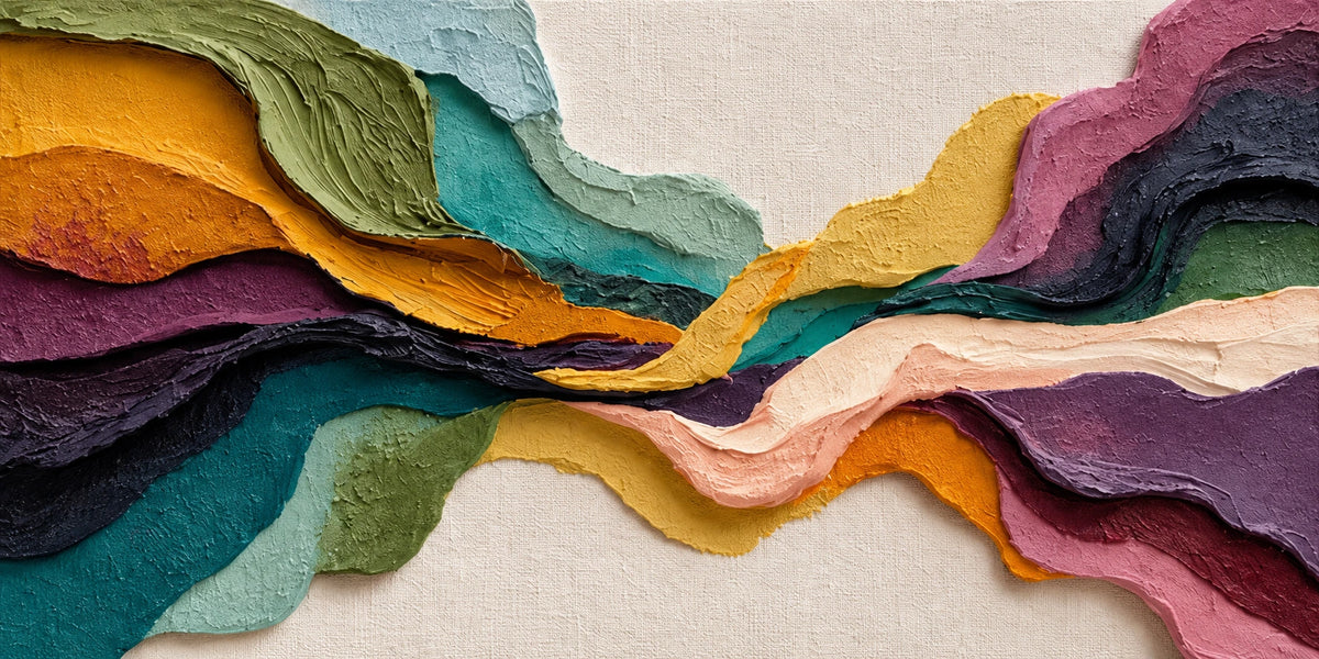 Bands of teal, olive, ochre and plum flow toward a narrow central opening, with pale pink and ivory passages bringing light between the darker layers. Full 2:1 artwork without a frame.