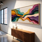 Chromatic Strata painting above a slatted wooden sideboard beside tall windows.