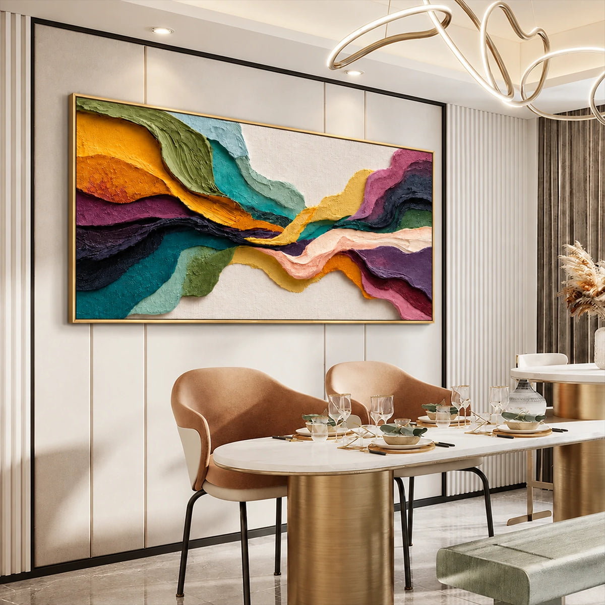 Chromatic Strata painting above curved dining chairs beside a white table.