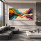 Chromatic Strata painting on a paneled wall in a gray contemporary living room.