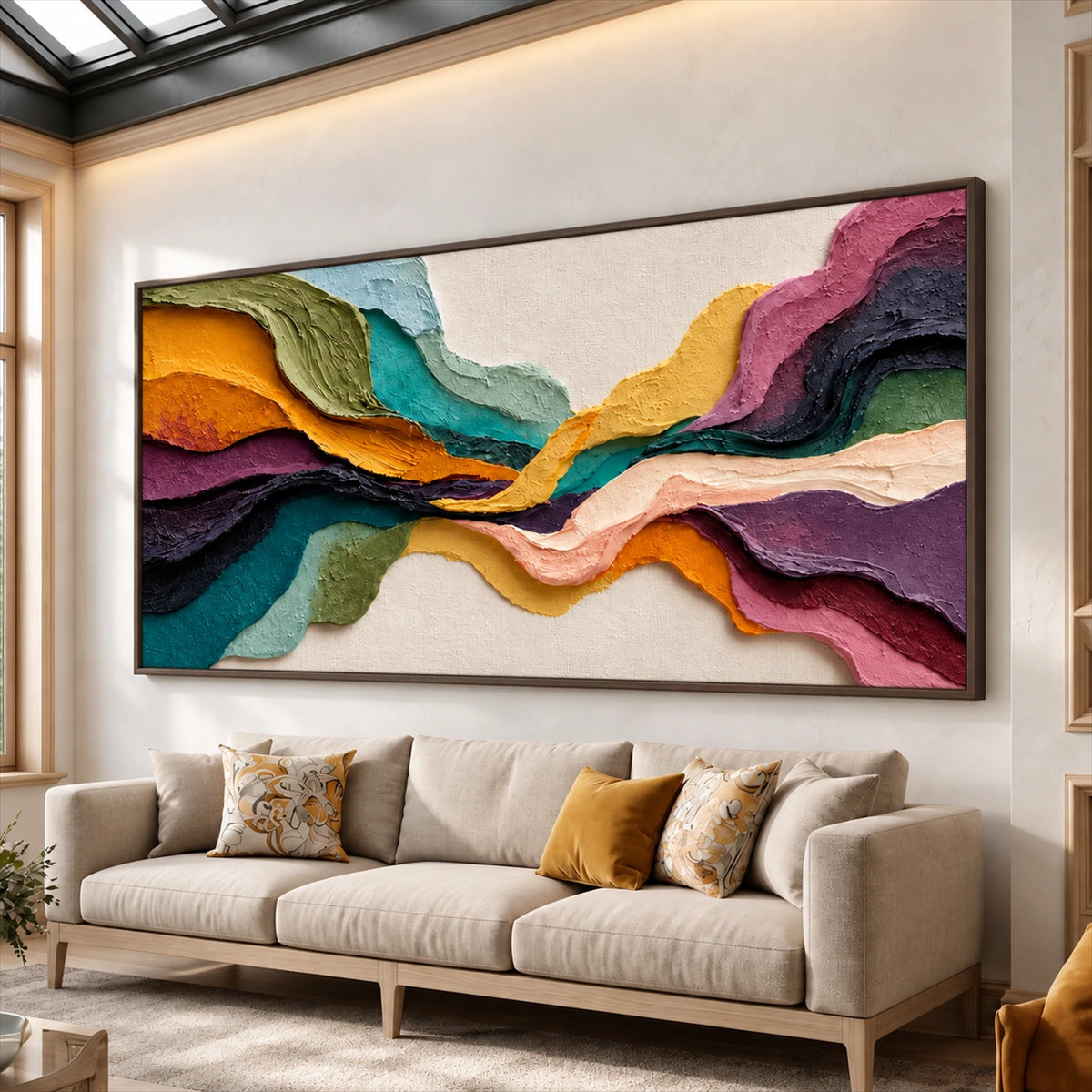 Chromatic Strata painting above a pale sofa beneath a skylight.