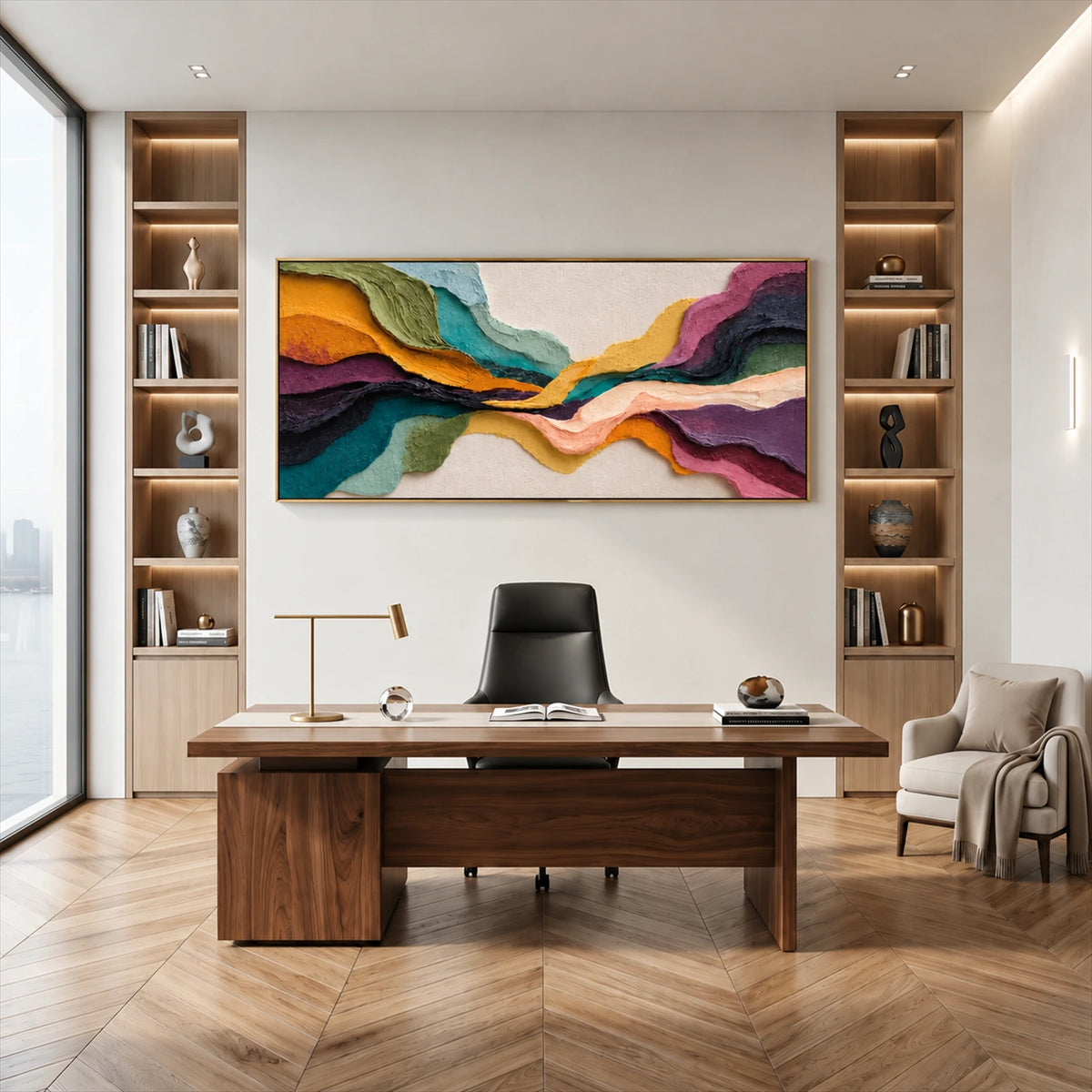 Chromatic Strata painting above a wooden desk between built-in shelves.