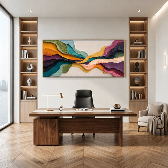 Chromatic Strata painting above a wooden desk between built-in shelves.