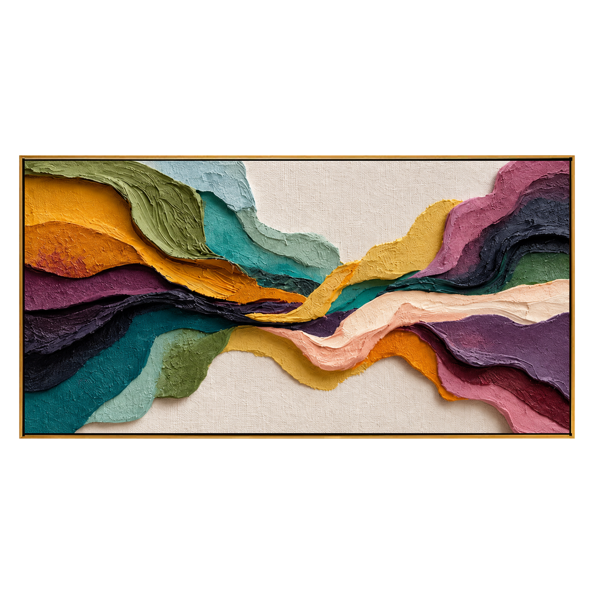 Chromatic Strata panoramic artwork in a natural wood frame on a transparent background.