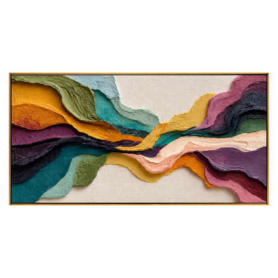 Chromatic Strata panoramic artwork in a natural wood frame on a transparent background.