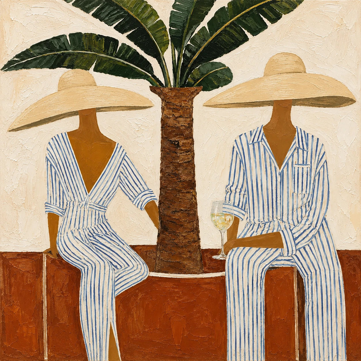 Two figures in broad straw-colored hats sit beneath a leafy tropical tree, their blue-and-white striped outfits standing out against a warm cream ground. Full artwork without a frame.