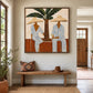 Palmside Leisure painting above a wooden bench beside an entryway.
