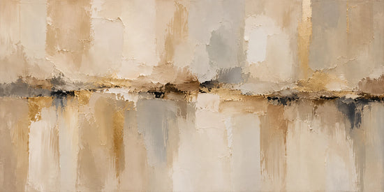 Soft columns of cream, sand and pale gray gather around a broken horizontal line, their colors drifting downward like reflections on still water. Full 2:1 artwork without a frame.