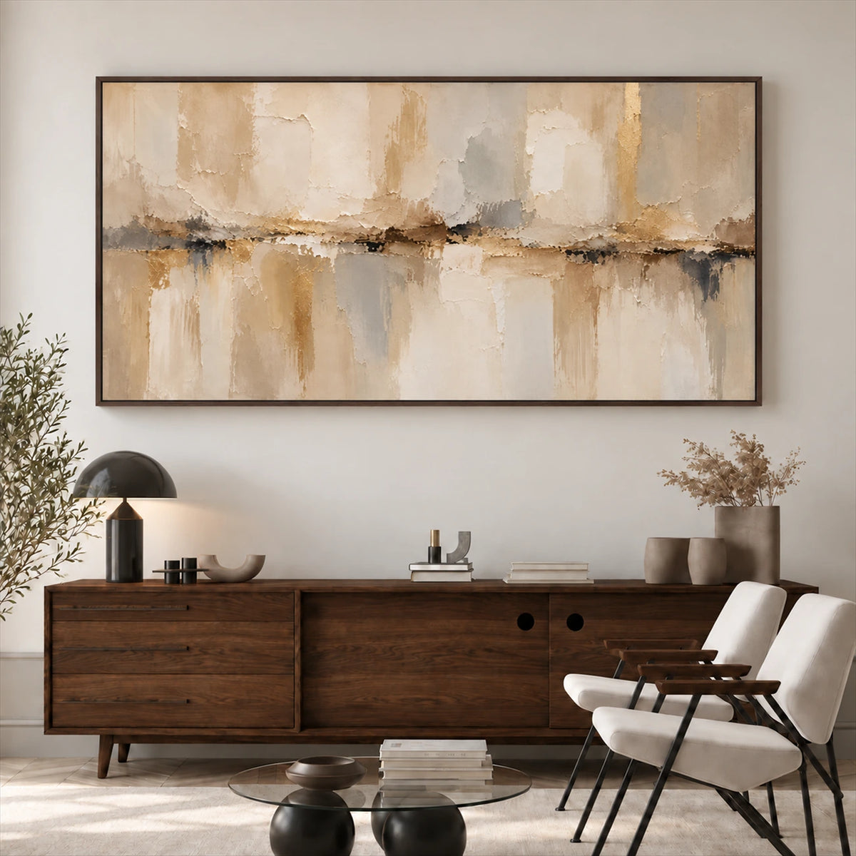 Sandstone Reflection painting above a wooden sideboard beside a pale lounge chair.