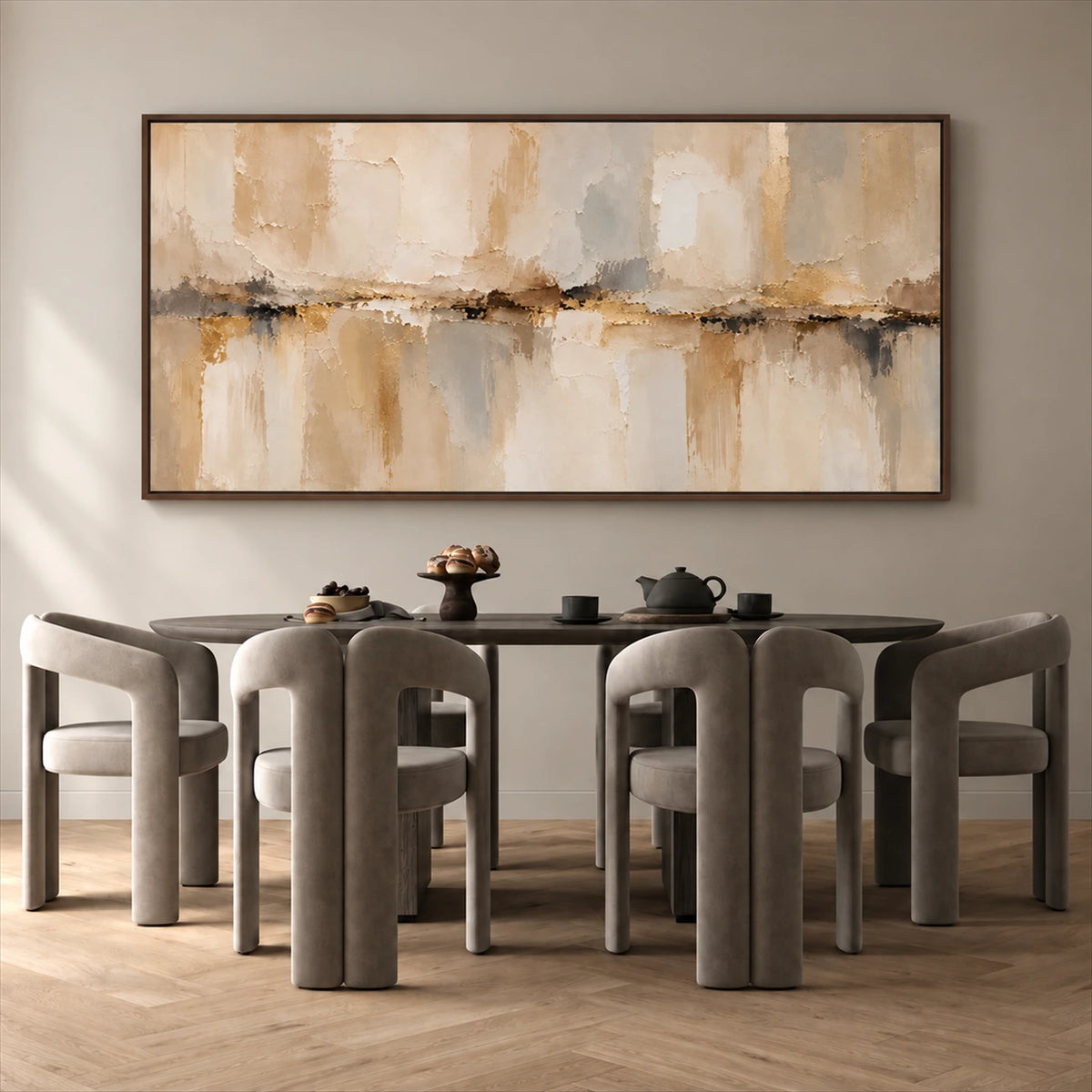 Sandstone Reflection painting above a dark dining table with upholstered chairs.