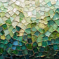 Small irregular shapes gather into a mosaic-like field of jade, teal and deep green, rising toward pale mint and ivory near the top. Full 2:1 artwork without a frame.