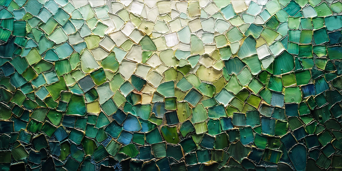 Small irregular shapes gather into a mosaic-like field of jade, teal and deep green, rising toward pale mint and ivory near the top. Full 2:1 artwork without a frame.