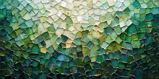 Small irregular shapes gather into a mosaic-like field of jade, teal and deep green, rising toward pale mint and ivory near the top. Full 2:1 artwork without a frame.