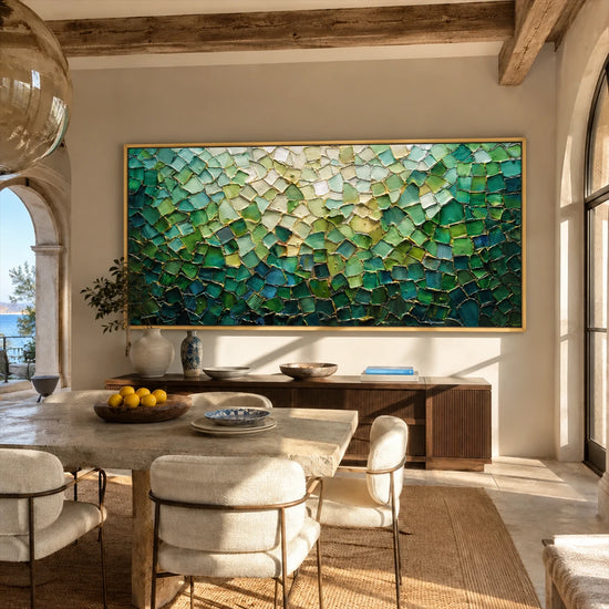 Jade Tesserae painting above a wooden dining table beneath exposed beams.
