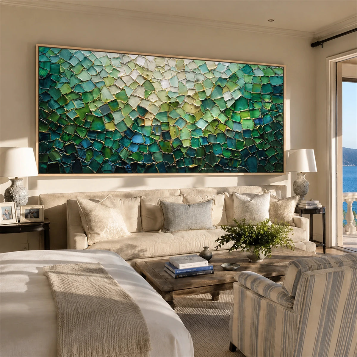 Jade Tesserae painting above a pale sofa beside a bed in a neutral suite.