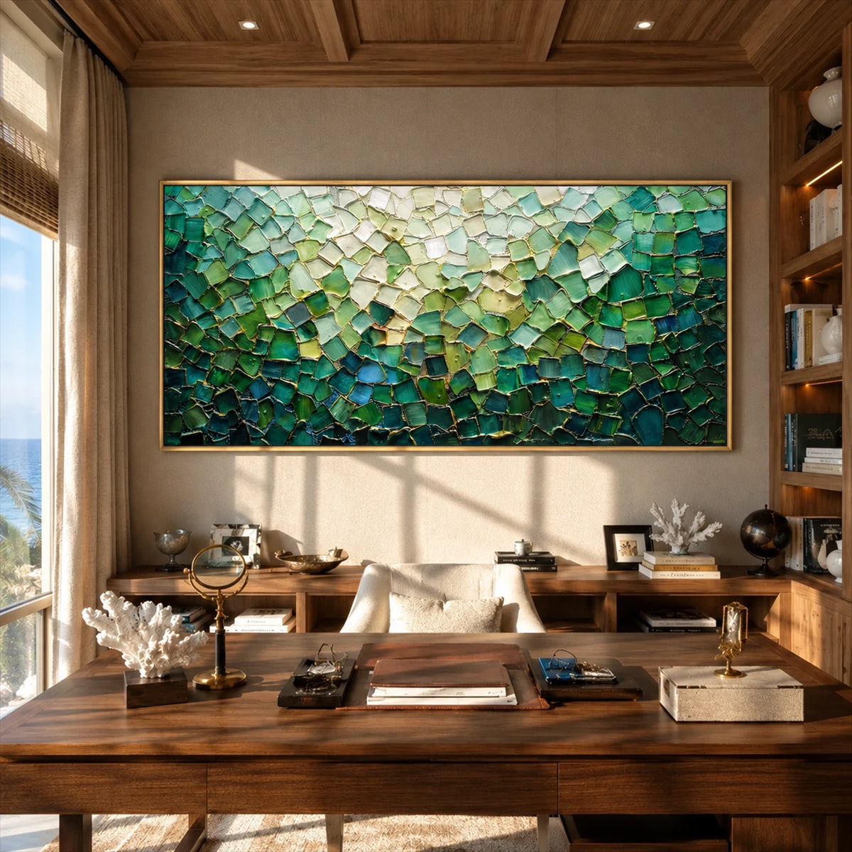 Jade Tesserae painting above a large wooden desk in a warm office.