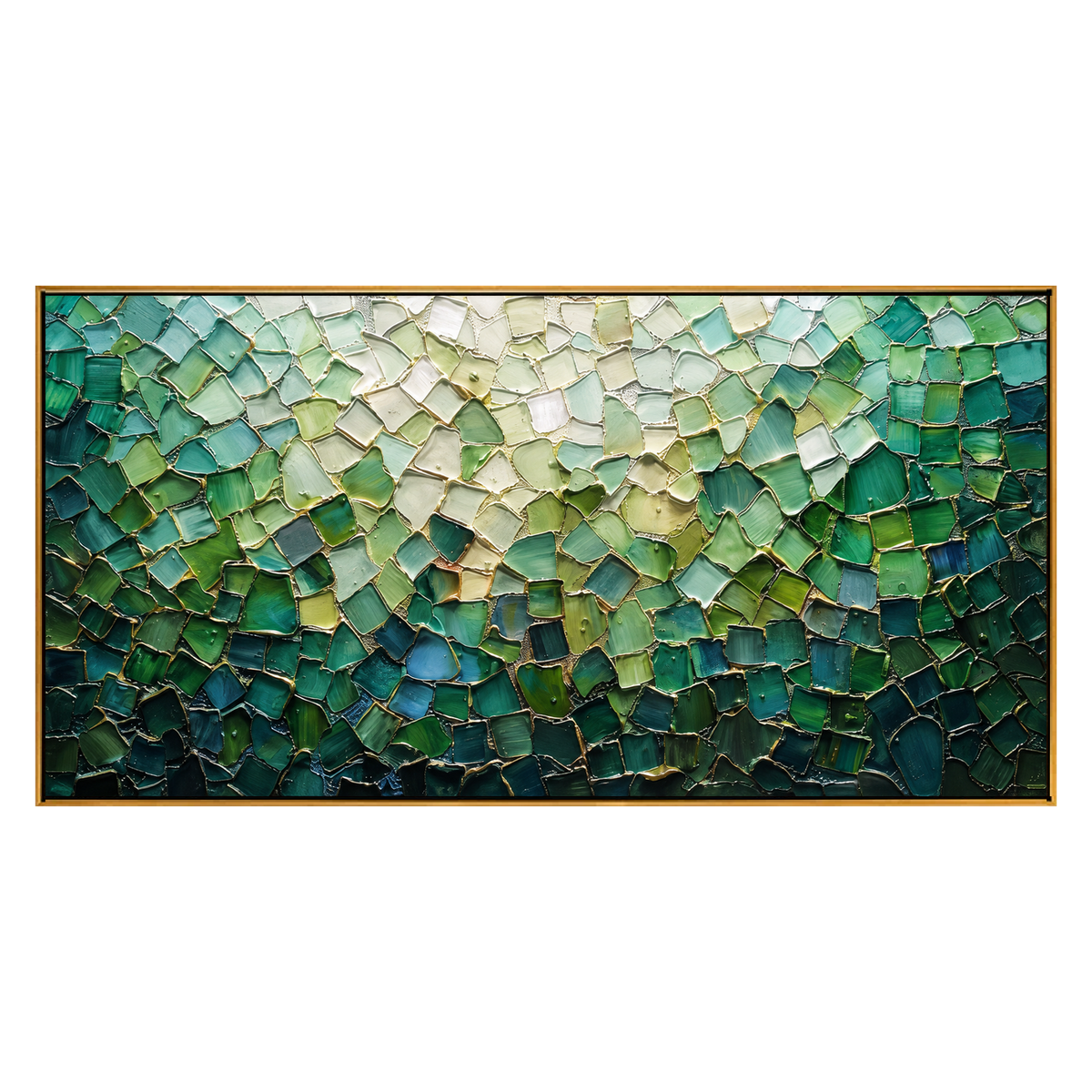 Jade Tesserae panoramic artwork in a natural wood frame on a transparent background.