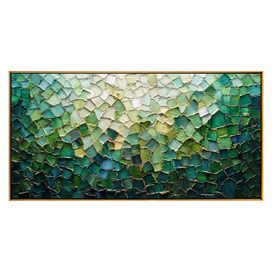 Jade Tesserae panoramic artwork in a natural wood frame on a transparent background.