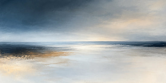 A pale band of light opens beneath a deep blue-gray sky and spreads across quiet water. Full 2:1 artwork without a frame.