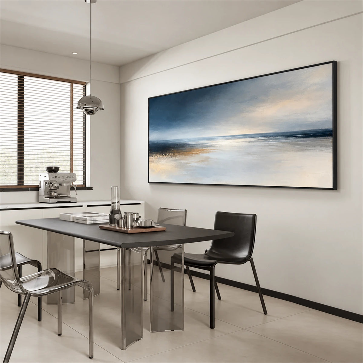 Silver Stillwater painting above a dark dining table in a bright minimalist room.
