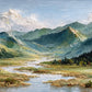 Blue-green mountain ridges recede beneath a pale sky, while a winding stream catches the light across an open grassy valley. Full 2:1 artwork without a frame.
