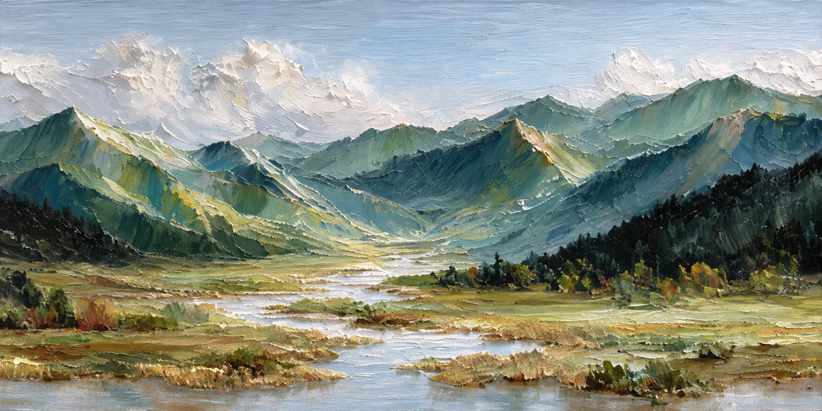 Blue-green mountain ridges recede beneath a pale sky, while a winding stream catches the light across an open grassy valley. Full 2:1 artwork without a frame.