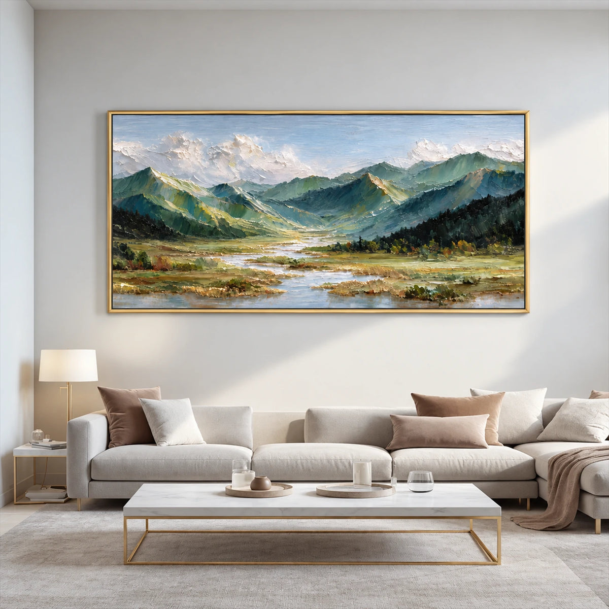 Alpine Waterways painting above a cream sectional and light coffee table.