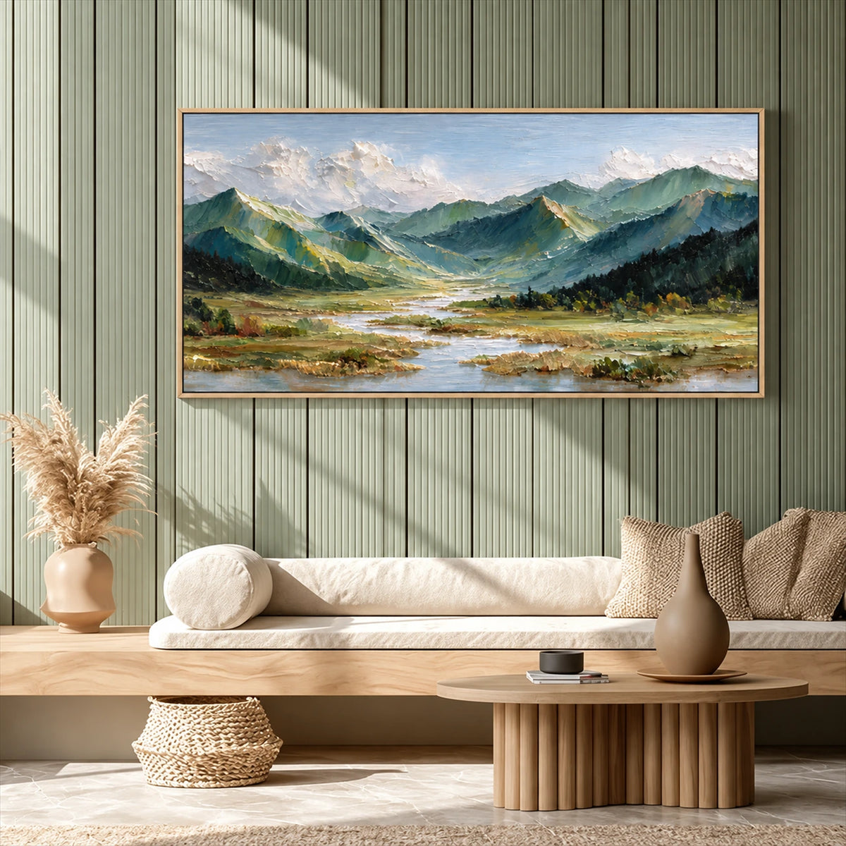 Alpine Waterways painting above a cushioned wooden bench against a green paneled wall.