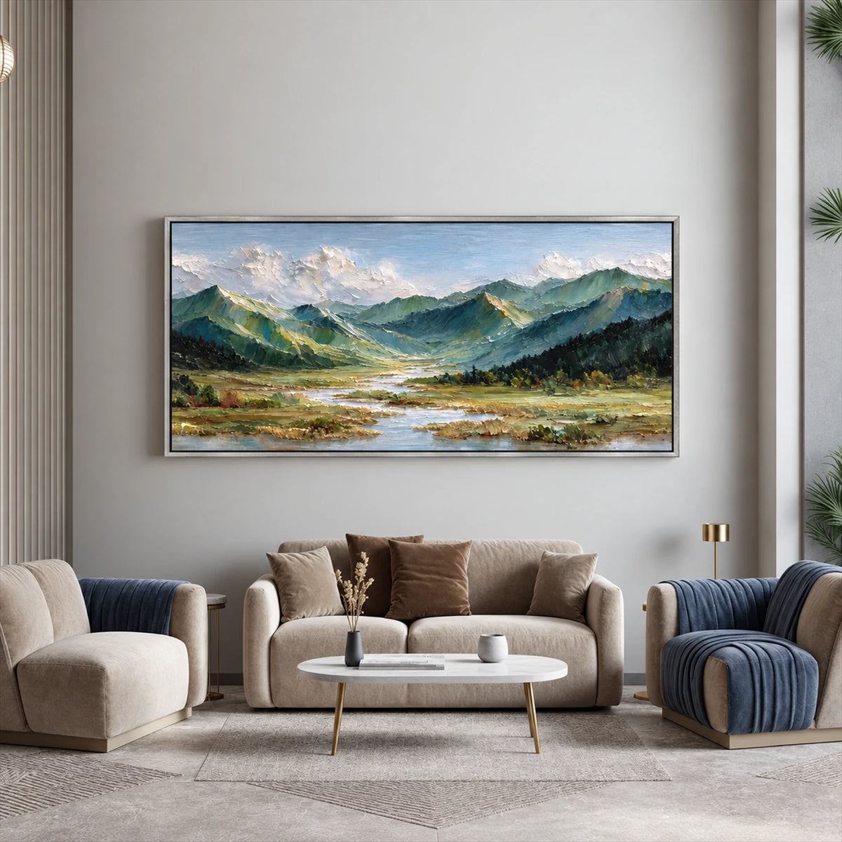 Alpine Waterways painting above neutral seating with blue striped chairs.