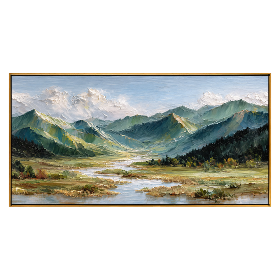 Alpine Waterways panoramic artwork in a natural wood frame on a transparent background.