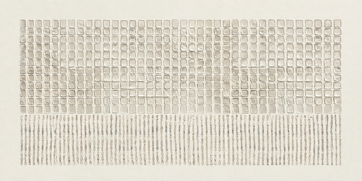 Rows of small ivory impressions form a broad rectangular field, shifting into slender vertical marks along the lower edge. Full 2:1 artwork without a frame.